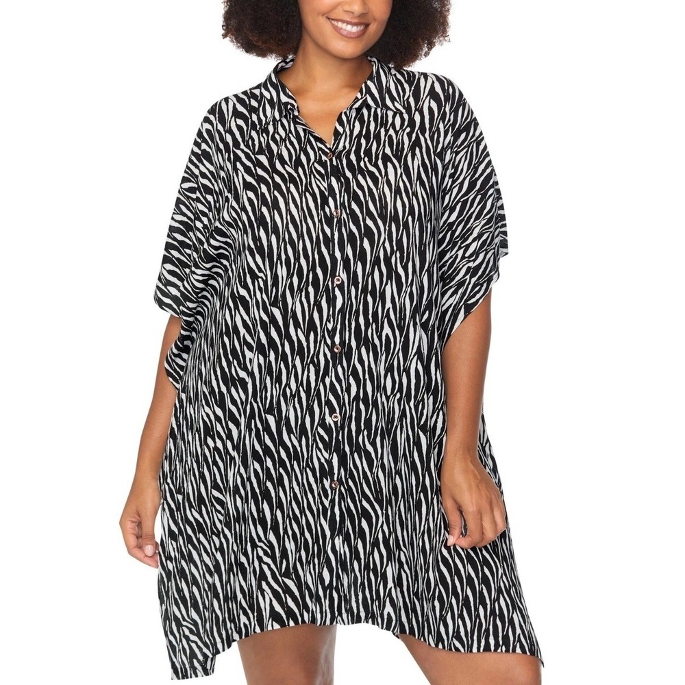 NWT Raisins Curve Vacay Button Up Women Black White Zebra Print Cover Up 3X $60
